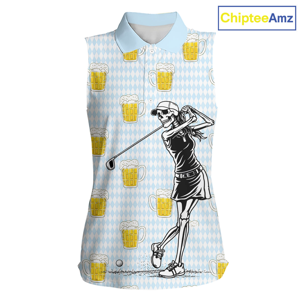 Funny Skull Womens Sleeveless Golf Polo Shirts Beer Blue Argyle Pattern Custom Name Skull Playing Golf Apparel NBT629