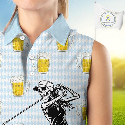 Funny Skull Womens Sleeveless Golf Polo Shirts Beer Blue Argyle Pattern Custom Name Skull Playing Golf Apparel NBT629