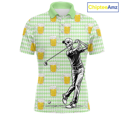 Funny Skull Golf Polo Shirts Beer Green Argyle Pattern Custom Name Skull Playing Golf Apparel NBT630