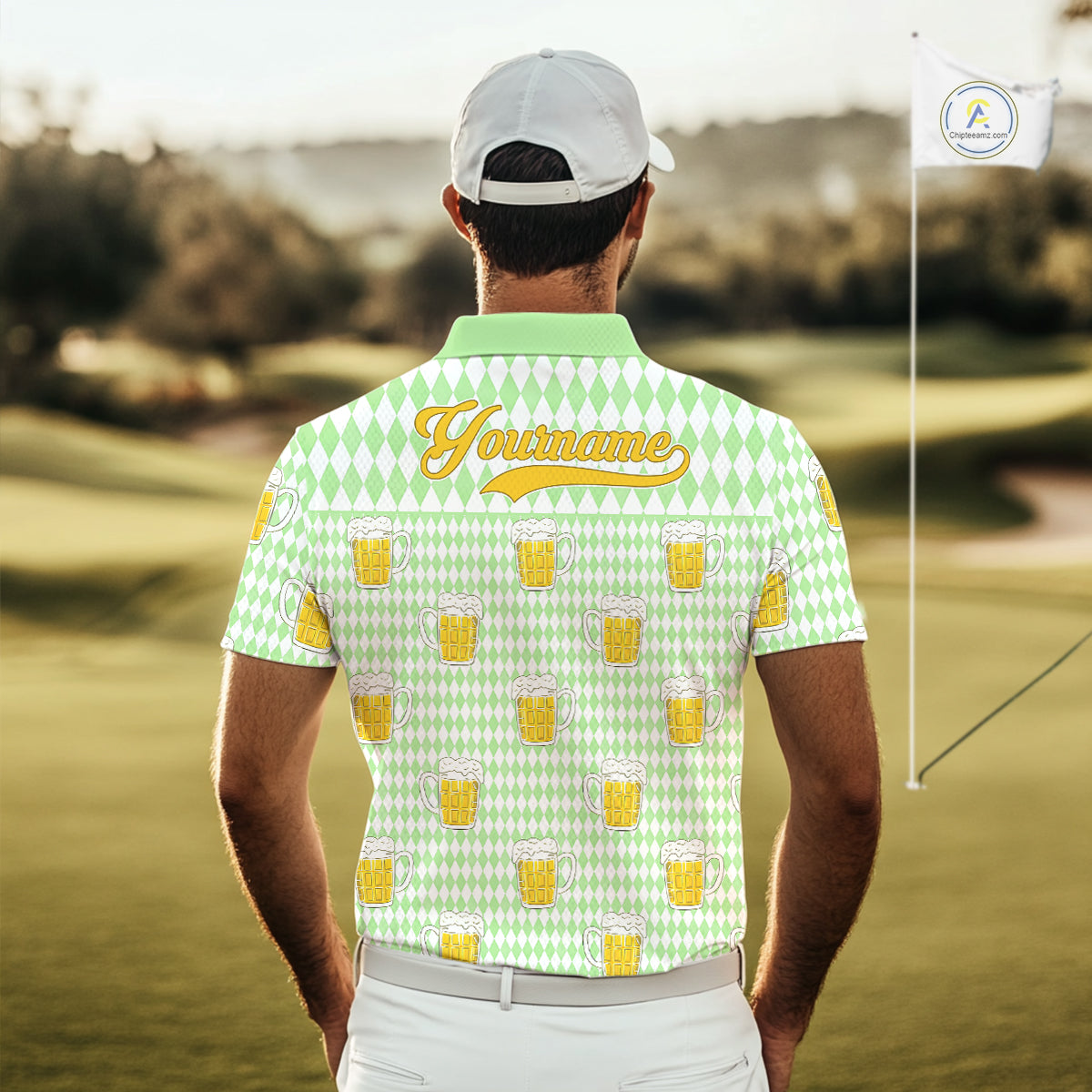 Funny Skull Golf Polo Shirts Beer Green Argyle Pattern Custom Name Skull Playing Golf Apparel NBT630