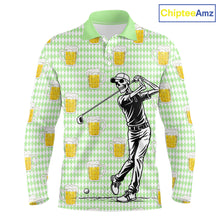 Load image into Gallery viewer, Funny Skull Golf Polo Shirts Beer Green Argyle Pattern Custom Name Skull Playing Golf Apparel NBT630