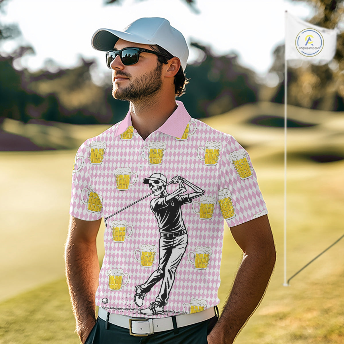 Funny Skull Golf Polo Shirts Beer Pink Argyle Pattern Custom Name Skull Playing Golf Apparel NBT631
