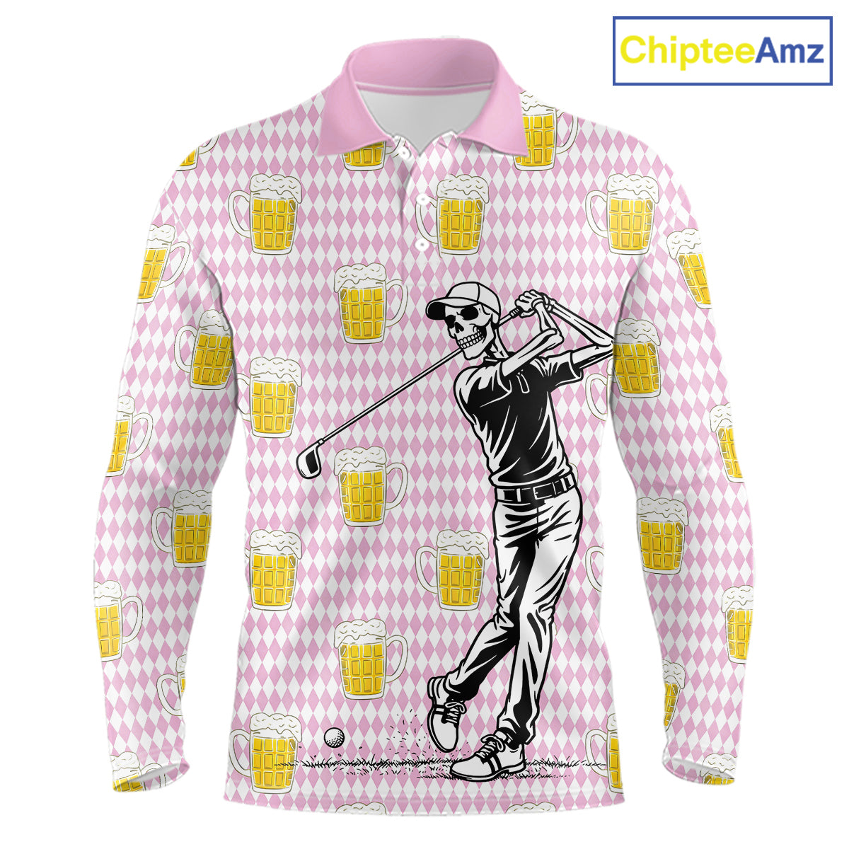 Funny Skull Golf Polo Shirts Beer Pink Argyle Pattern Custom Name Skull Playing Golf Apparel NBT631