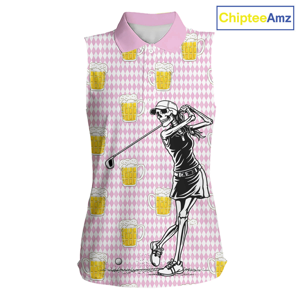 Funny Skull Womens Sleeveless Golf Polo Shirts Beer Pink Argyle Pattern Custom Name Skull Playing Golf Apparel NBT631