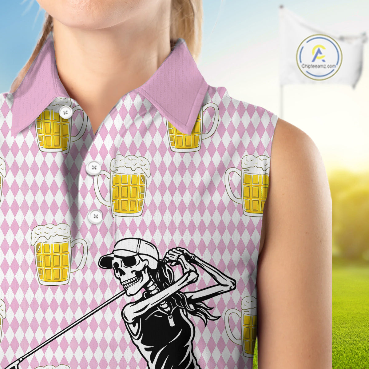 Funny Skull Womens Sleeveless Golf Polo Shirts Beer Pink Argyle Pattern Custom Name Skull Playing Golf Apparel NBT631