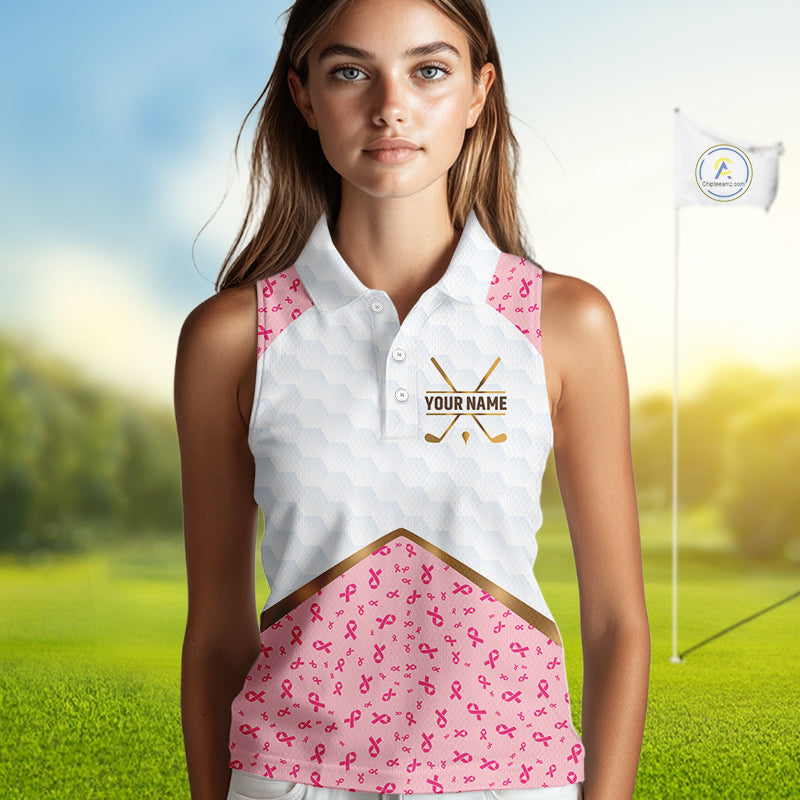 Custom Pink Ribbon Pattern Breast Cancer Golf Shirts For Womens, Breast Cancer Golf Jersey NHT797