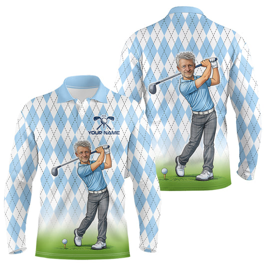 Personalized Argyle Style Funny Mens Golf Polo Shirt – Custom Face Portrait Cartoon Design NHT583