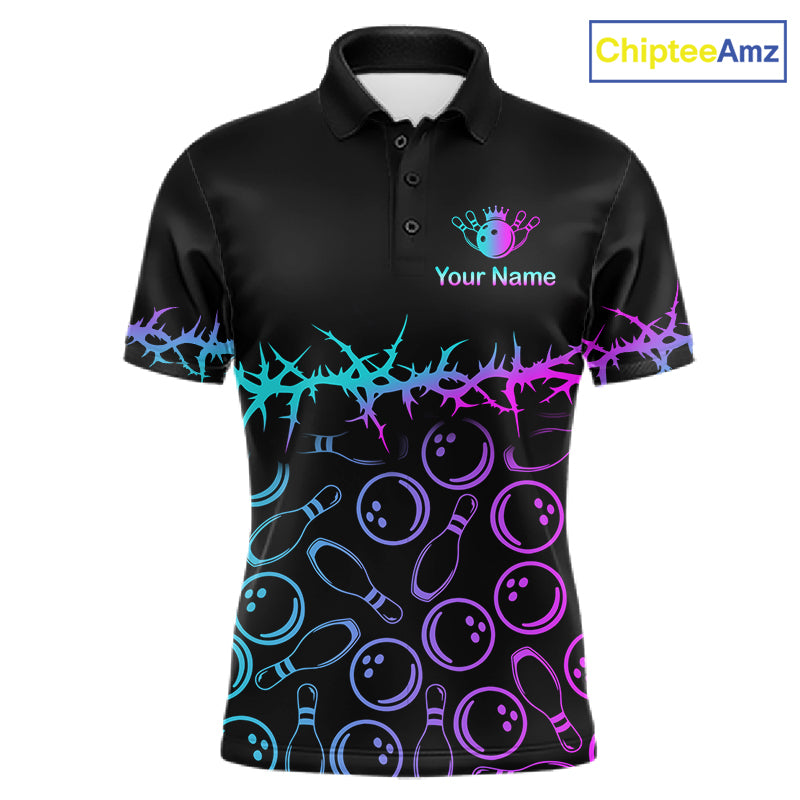 A black short-sleeve polo shirt with bowling-themed graphics, including bowling pins, bowling balls, and a neon gradient thorny pattern across the chest and sleeves. The shirt features a custom logo with a bowling pin and crown on the left chest, with the text 'Your Name' below it.
