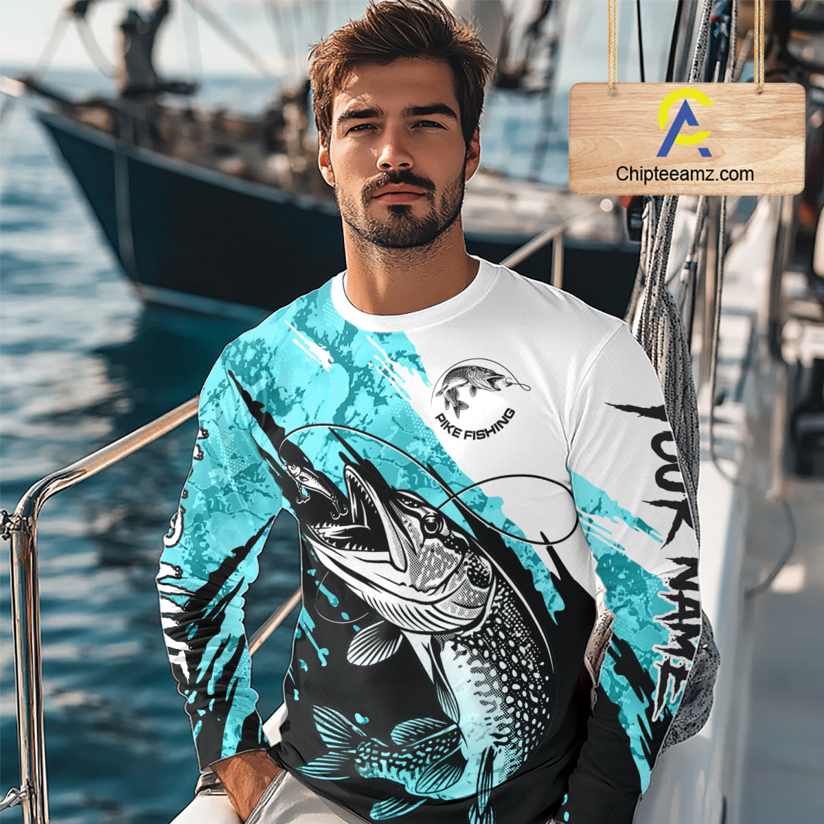 Personalized Turquoise Northern Pike Fishing Jersey, Team Pike Fishing Long Sleeve Shirt NHT817