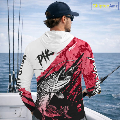 Personalized Red Northern Pike Fishing Jersey, Team Pike Fishing Long Sleeve Hooded Tournament Shirt NHT819