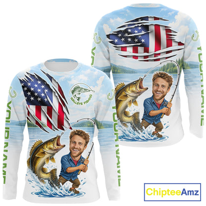 Personalized Walleye Fishing Shirts Long Sleeve Custom Face Walleye Fishing Patriot Shirt NHT605
