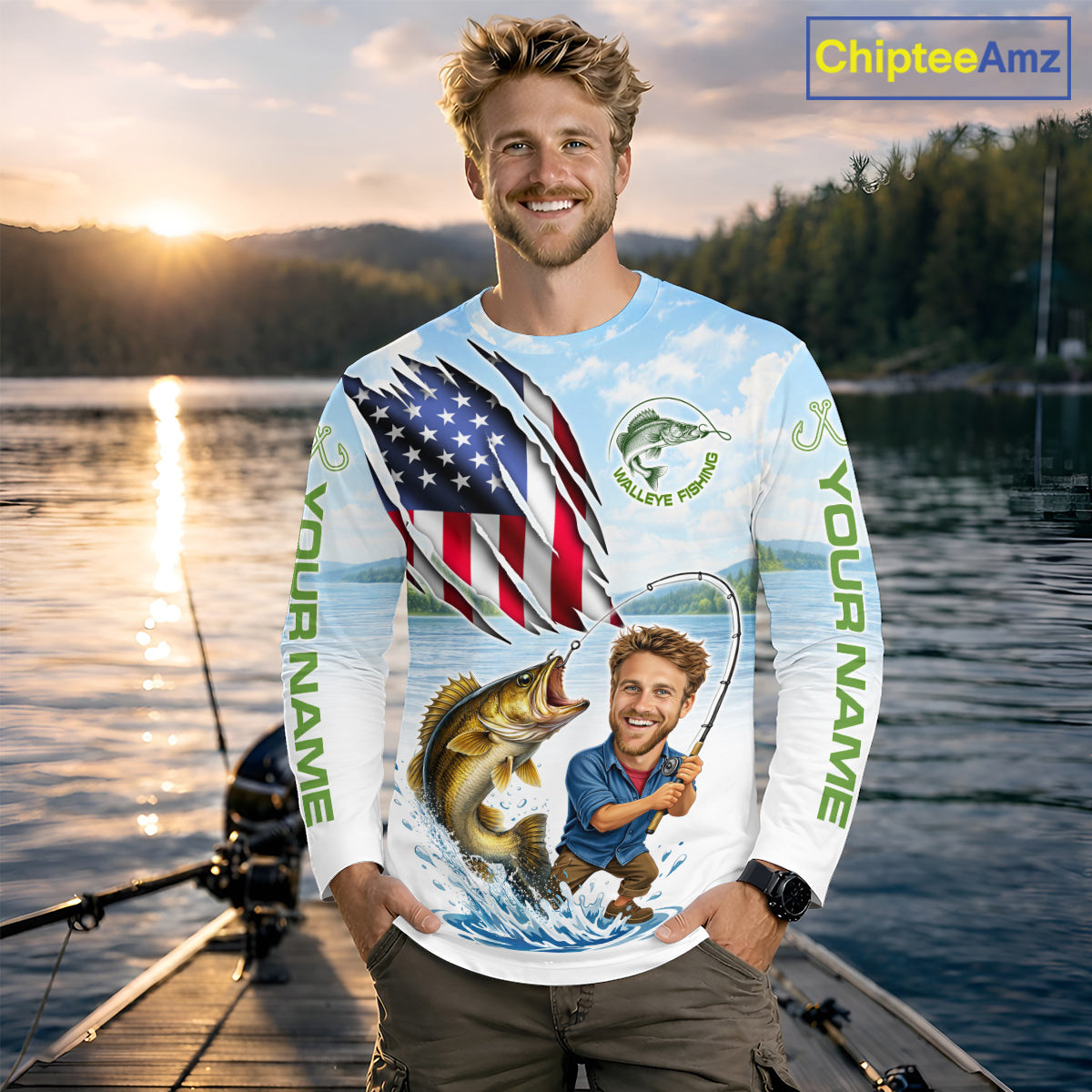 Personalized Walleye Fishing Shirts Long Sleeve Custom Face Walleye Fishing Patriot Shirt NHT605