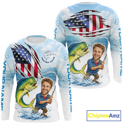 Personalized Mahi Mahi Fishing Shirts Long Sleeve Custom Face Mahi Mahi Fishing Patriot Shirt NHT606