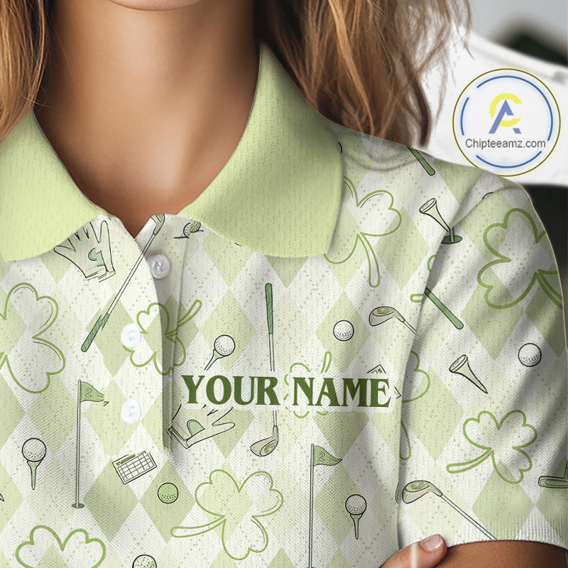 Custom Women’s Long Sleeve Golf Polo Shirt Lucky Shamrock Argyle Pattern Personalized Team Name