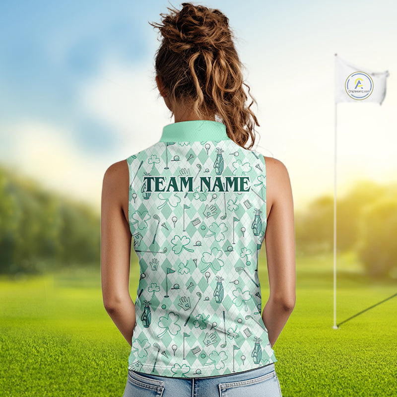 Custom Women's Sleeveless Golf Polo Shirt Lucky Shamrock Argyle Pattern Personalized Team Name