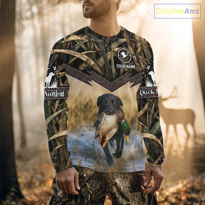 Mallard Duck Waterfowl Hunting Shirt Camo Personalized With Black Lab Dog, Hunting Shirts NHT167