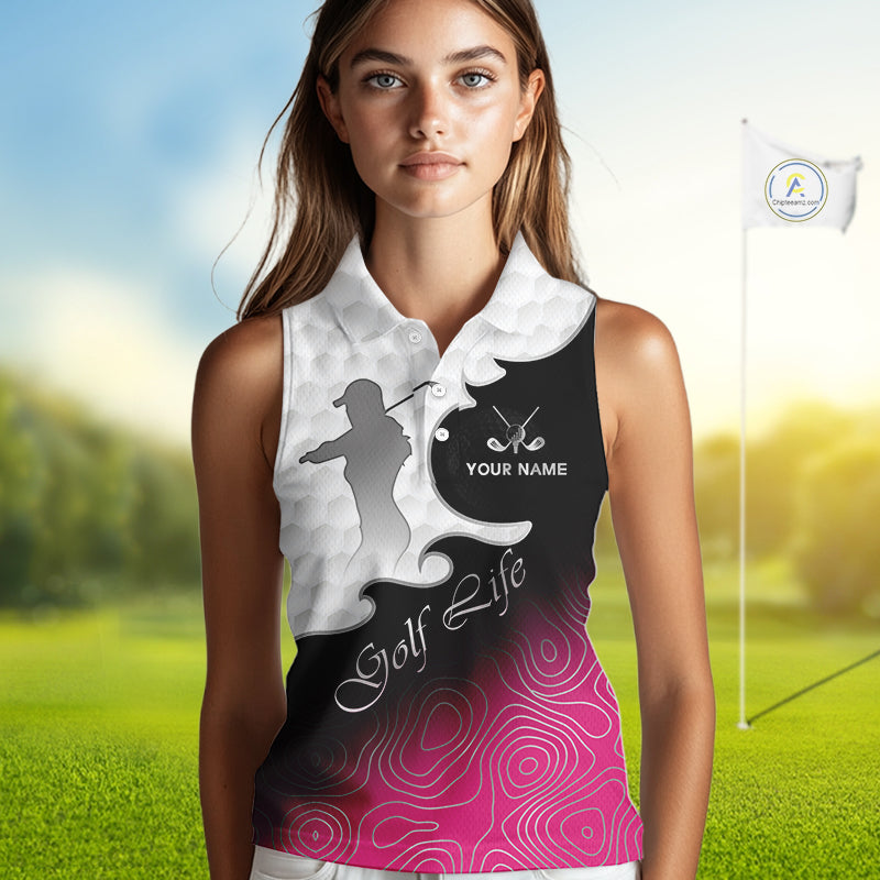 Custom Sleeveless Womens Golf Polo Shirt Pink Black Gradient, Personalized Name Golf Shirt, Gift For Golfer NHT825
