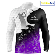 Load image into Gallery viewer, Custom Mens Golf Polo Shirt Purple Black Gradient, Personalized Name Golf Shirt, Gift For Golfer NHT828