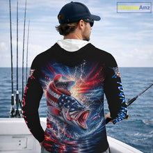 Load image into Gallery viewer, Patriotic Bass Fishing Long Sleeve Hooded Shirt – American Flag Design For Men