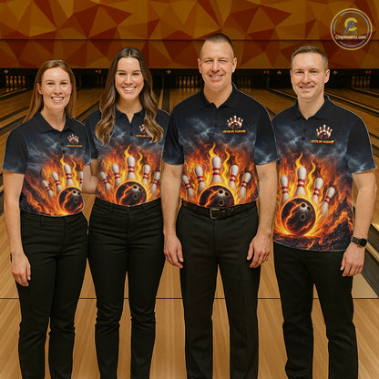 Fire Bowling Polo Shirt 1/4 Zip Personalized Custom Name Flaming Bowling Ball Team Jersey For Women NHT1284