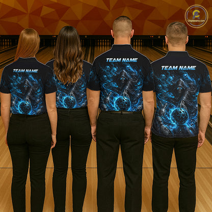 Custom Blue Fire Grim Reaper Bowling Jersey For Womens Bowling Team Shirts Bowling League Polo & 1/4 Zip NHT1146