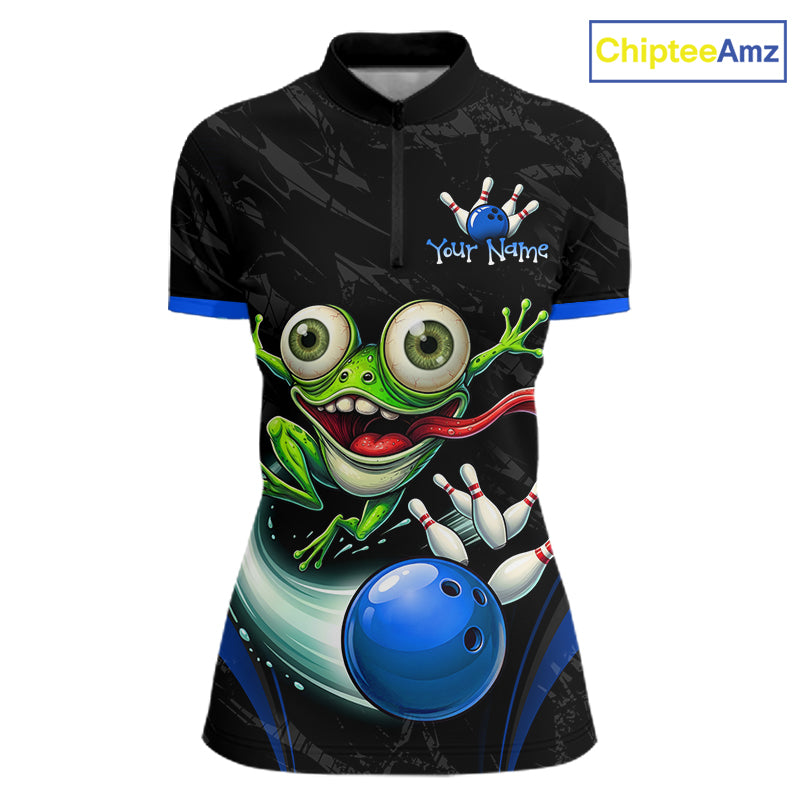 A black short-sleeve cycling jersey with a colorful graphic of a green frog holding bowling pins next to a blue bowling ball. The jersey has blue trim on the collar and sleeve cuffs, and a mock zip collar.