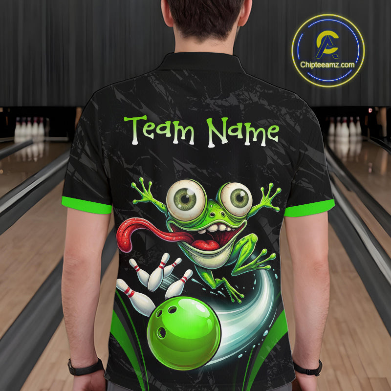 A person viewed from behind wearing a black short-sleeve bowling-themed shirt with a large green frog and bowling ball graphic, plus the text 'Team Name' across the upper back. Bowling lanes are visible in the background, and a circular 'Chipteeamz.