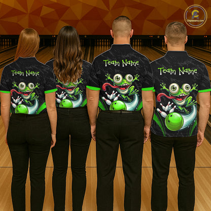 Funny Frog Bowling Polo Shirt 1/4 Zip Personalized Custom Name Green Bowling Ball Jersey For Women NHT1297