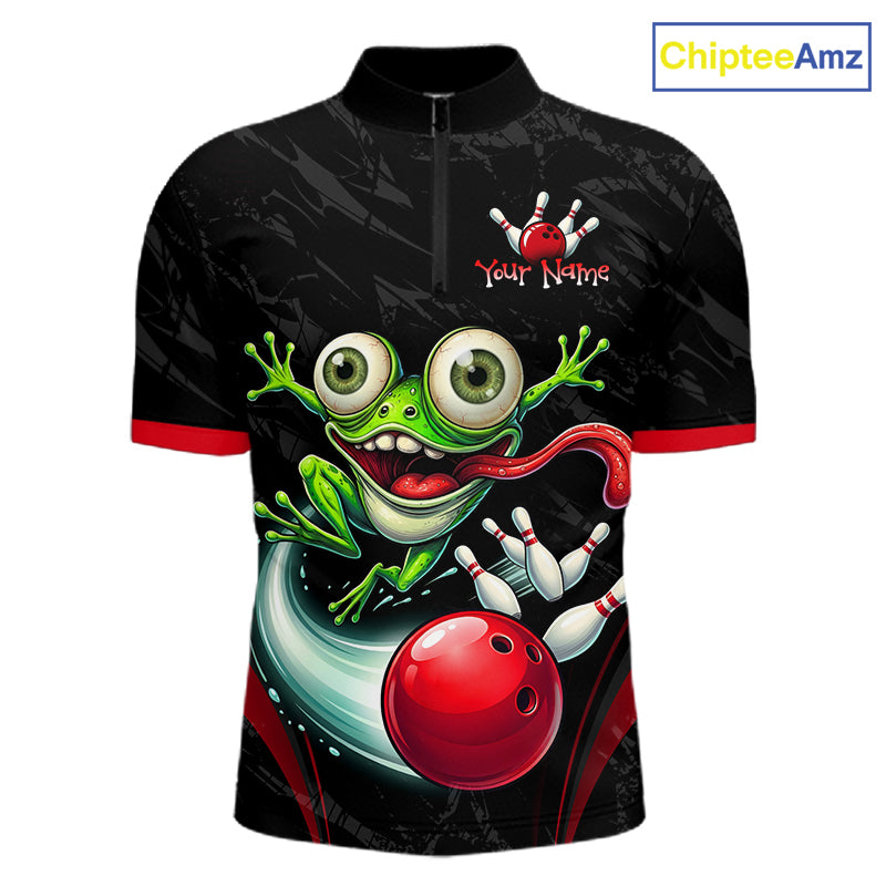A black short-sleeve cycling jersey with a half-zip collar, featuring a large cartoon frog graphic playing bowling, a red bowling ball, and red sleeve cuffs. The brand name 'ChipteeAmz' is visible in the top right corner.