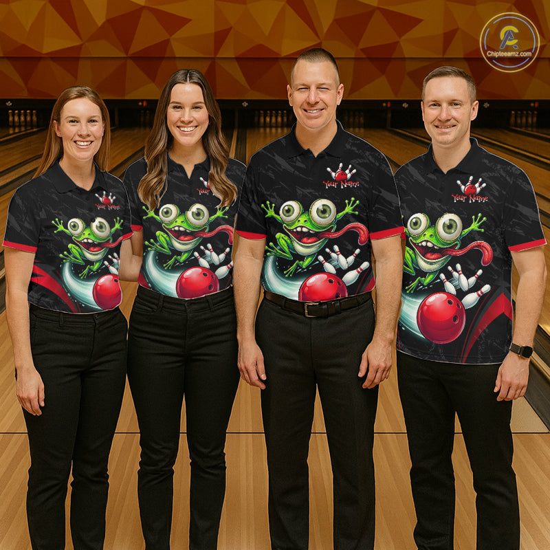Funny Frog Bowling Polo Shirt 1/4 Zip Personalized Custom Name Red Bowling Ball Jersey For Women NHT1298