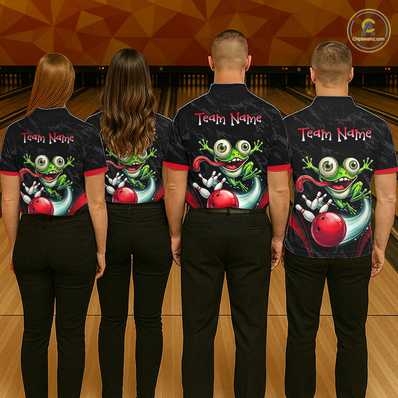 Funny Frog Bowling Polo Shirt 1/4 Zip Personalized Custom Name Red Bowling Ball Jersey For Men NHT1298