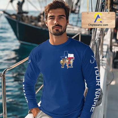Texas Slam Funny Fishing Redfish, Trout, Flounder Fishing Shirts Long Sleeve For Men| Blue Navy NHT845
