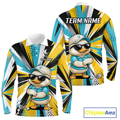 A long-sleeve custom polo shirt shown from the front and back, featuring a colorful all-over graphic print of a cartoon golf duck wearing a cap and sunglasses, with black, yellow, blue, and white geometric burst patterns. The front has a collar and button placket, and the back has a large 'TEAM NAME' text area.