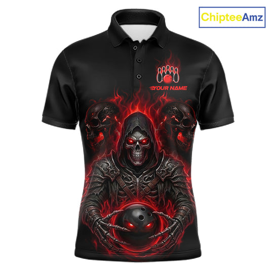 A black short-sleeve polo shirt with a detailed graphic of a hooded grim reaper holding a bowling ball, surrounded by red flames and skulls. The shirt features a customizable design with the text 'YOUR NAME' and a bowling pins icon on the left chest.