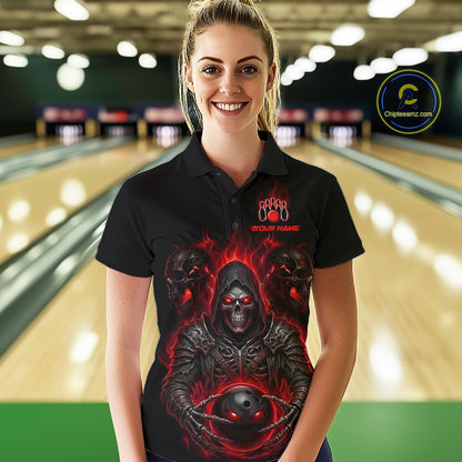 Close-up of Grim Reaper skull bowling design on women’s custom bowling polo shirt, moisture-wicking polyester fabric.

