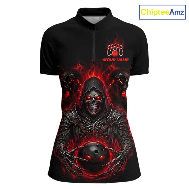A black short-sleeve polo shirt with a dark gothic graphic of a hooded skull holding a bowling ball, surrounded by red flames and skulls. The shirt features a mock zipper at the collar and a customizable chest graphic with a bowling pins icon and the placeholder text 'YOUR NAME'.