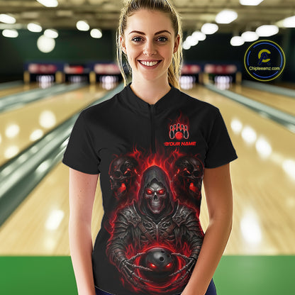 Side angle of personalized women bowling polo jersey showing slim fit and custom printed name and team logo.
