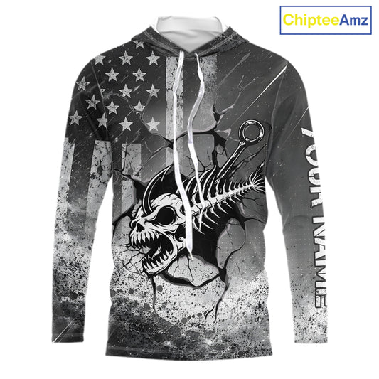 American Flag Fishing Fish Hook Skull Personalized Fishing Shirts, Hooded Patriotic Fishing Shirt Gift For Men NHT665