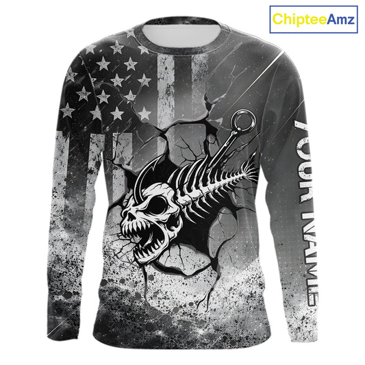 American Flag Fishing Fish Hook Skull Personalized Fishing Shirts, Patriotic Fishing Shirt Gift For Men NHT665