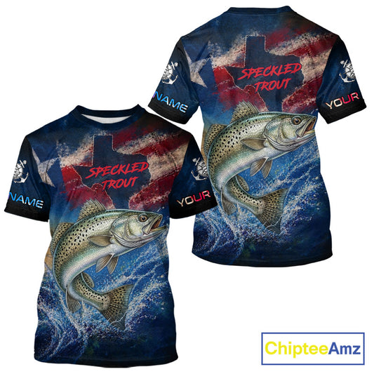 Texas Flag Speckled Trout Short Sleeve Fishing T-Shirts Fishing Jersey, Trout Saltwater Performance UV Shirt For Men 