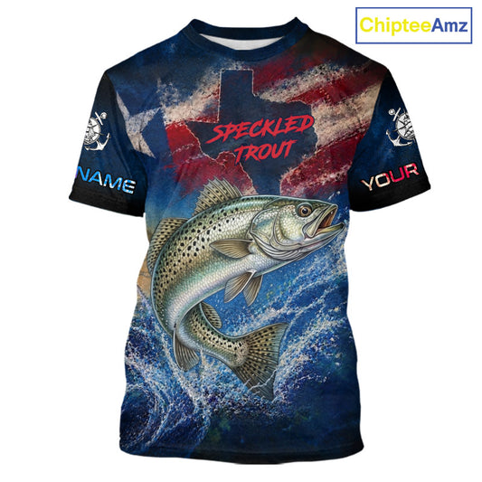 Texas Flag Speckled Trout Short Sleeve Fishing T-Shirts Fishing Jersey, Trout Saltwater Performance UV Shirt For Men 