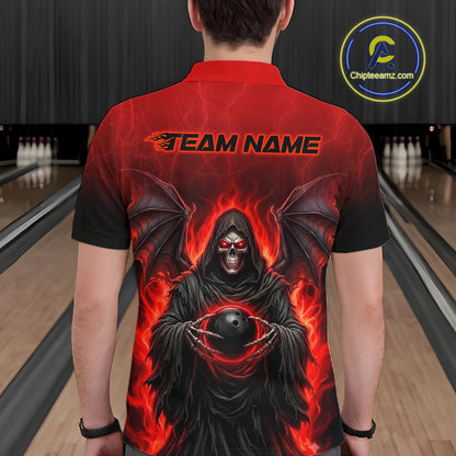A man viewed from behind wearing a short-sleeve bowling shirt with a fiery red and black graphic of a grim reaper holding a bowling ball, with 'TEAM NAME' printed across the upper back. Bowling lanes are visible in the background