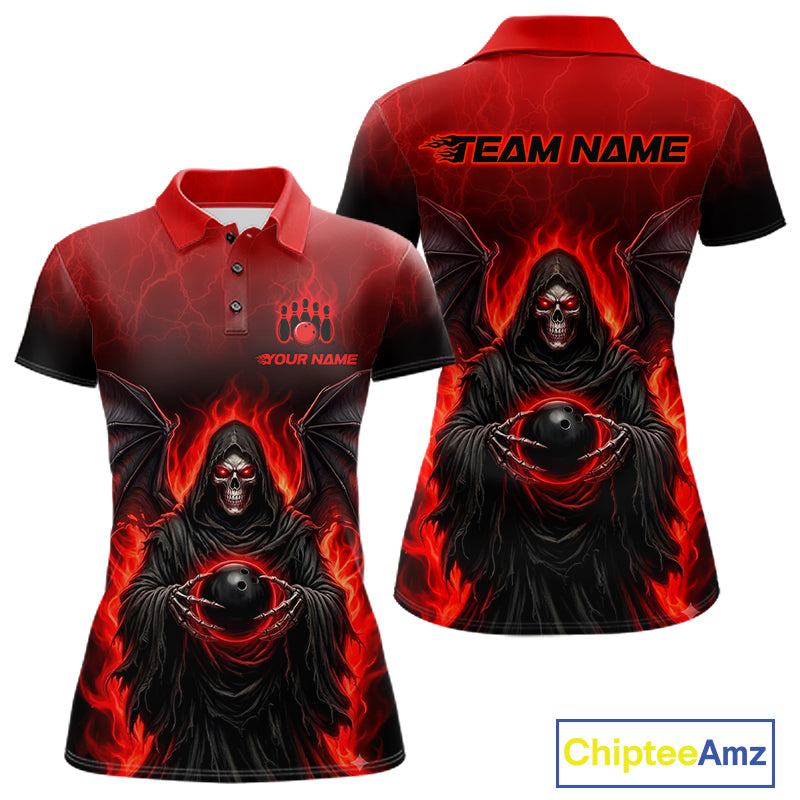 Custom short-sleeve polo shirt shown from the front and back, featuring a red and black flame gradient with a grim reaper graphic holding a soccer ball, with placeholder text 'TEAM NAME' and 'YOUR NAME'.