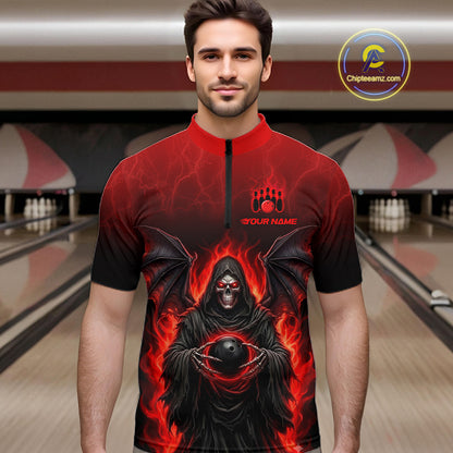 A man wearing a short-sleeve black and red cycling jersey with a graphic of a hooded grim reaper surrounded by flames, holding a bowling ball. The jersey has a red collar and a black zipper, with 'YOUR NAME' printed on the chest.