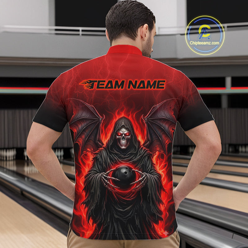 A man viewed from behind wearing a custom bowling shirt with a red and black Grim Reaper graphic holding a bowling ball, with 'TEAM NAME' printed on the back. The background shows bowling lanes.