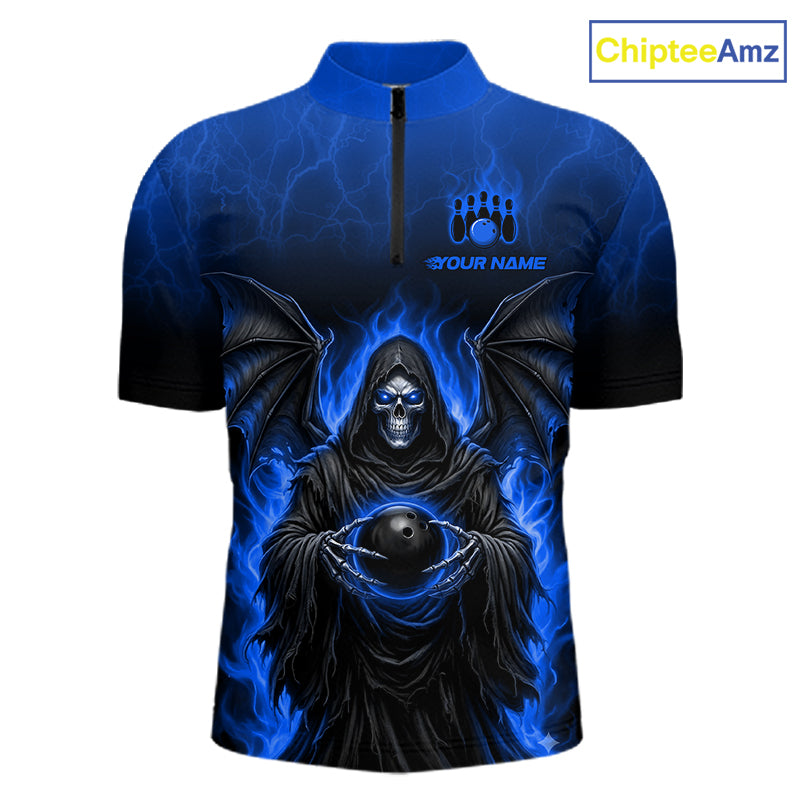 A short-sleeve half-zip cycling jersey featuring a dark blue and black graphic of a hooded grim reaper with bat wings holding a bowling ball, with blue lightning effects. The chest has a placeholder logo and text reading 'YOUR NAME'.