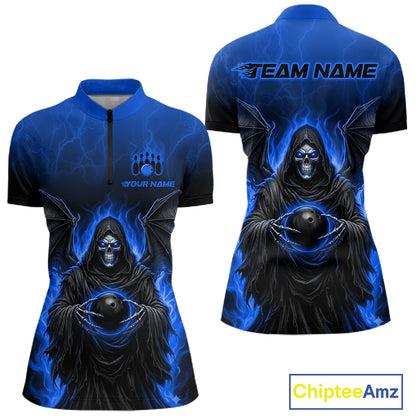 Front and back views of a short-sleeve polo shirt with a blue and black graphic design featuring a hooded skull figure holding a bowling ball, with customizable text areas on the chest and back, shown on a white background with a ChipteeAmz logo in the corner.