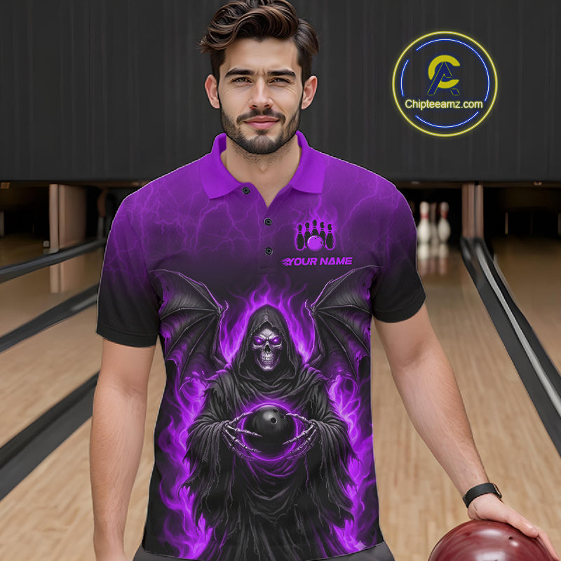 A man wearing a custom purple and black polo shirt with a grim reaper graphic, standing in a bowling alley. The shirt features a purple and black design with a grim reaper holding a bowling ball, and a custom name printed on the chest.