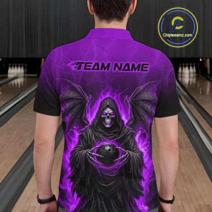 A man viewed from behind wearing a purple and black short-sleeve bowling shirt with a large graphic of a hooded grim reaper holding a bowling ball, with 'TEAM NAME' printed across the upper back. Bowling lanes are visible in the background