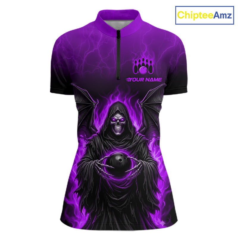 A women's short-sleeve quarter-zip performance shirt in purple and black, featuring a graphic of a hooded grim reaper holding a bowling ball with purple flames, on a white background with a ChipteeAmz logo in the top right.
